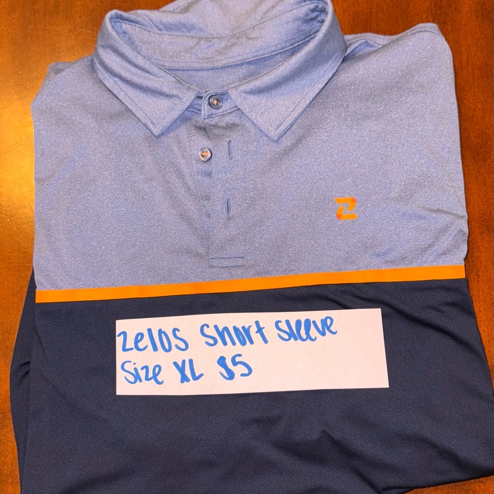 ZELOS Light Blue and Dark Blue Polo with Orange Accent